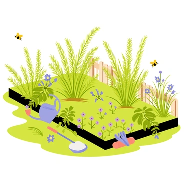 A sunny herb garden filled with vibrant green plants. There are several clusters of "rosemary" with its needle-like leaves and a strong aroma. Nearby, there are patches of "thyme" with small, delicate purple flowers. The garden is bordered by a wooden fence, and a few gardening tools like a trowel and watering can are scattered around. Bees and butterflies flutter among the flowers, adding life to the scene. The sunlight casts warm shadows, accentuating the rich colors of the herbs.