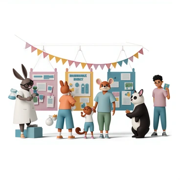 A group of various animals, including a rabbit, a fox, and a panda, are gathered around colorful science project displays at a school science fair in Zootopia. The rabbit, wearing glasses and a lab coat, is excitedly presenting a project about renewable energy, showcasing a small solar panel model. The fox, with a science experiment involving a simple chemical reaction, stands next to a bubbling beaker, while the panda displays a large poster on biodiversity. Bright banners and decorations hang overhead, and other animals can be seen browsing the different projects, all filled with enthusiasm and creativity.