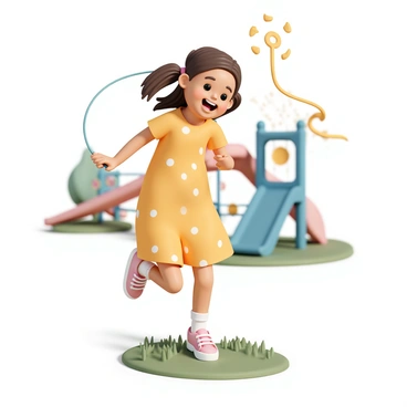 A young girl, wearing a bright yellow dress with white polka dots and pink sneakers, is joyfully skipping rope on a sunny playground. She has long brown hair tied into two playful pigtails, and her smile radiates happiness. The playground features colorful equipment, such as a red slide and blue swings in the background, with green grass underfoot. Sunlight filters through the trees nearby, casting playful shadows as she skips energetically, her rope swinging gracefully above her head.