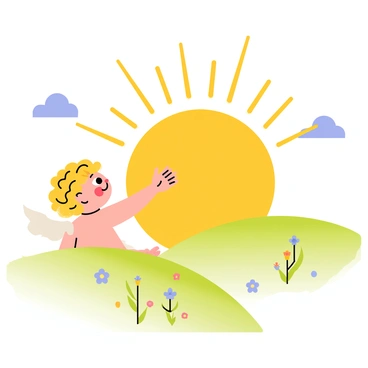 A small cherub with curly blonde hair and white wings is reaching out to a large, glowing sun. The sun is positioned at the horizon, casting warm yellow and orange rays across a soft blue sky. The cherub's expression is focused and gentle as it lightly touches the sun with one hand. Below, green hills are bathed in the early morning light, dotted with colorful flowers that bloom in response to the sun's awakening. A few fluffy clouds are scattered across the sky, enhancing the fresh morning atmosphere.