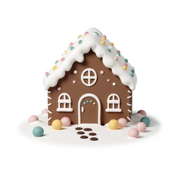 A gingerbread house with a brown, textured exterior, featuring a peaked roof. The roof is adorned with white icing resembling snow, creating a decorative edge. Colorful candies, including red and green gumdrops, yellow and orange candy corn, and multicolored sprinkles, are placed around the house. The windows are outlined with icing and have candy bars as shutters. A candy cane serves as a festive front door handle, and a small path made of chocolate buttons leads up to the entrance. The scene includes a snowy ground, enhancing the wintry feel, while additional candy decorations surround the house.