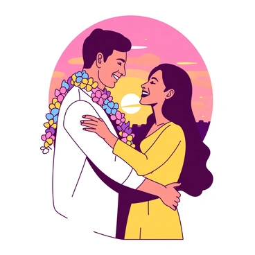 A couple is standing close to each other, exchanging vibrant garlands made of colorful flowers. The man is wearing a white shirt and the woman is dressed in a flowing yellow dress. They are surrounded by a warm glow as the sun sets in the background, painting the sky in shades of orange and pink. The garlands are adorned with small white flowers that stand out against the bright tones. The couple smiles at each other, their joyful expressions reflecting the beauty of the moment.