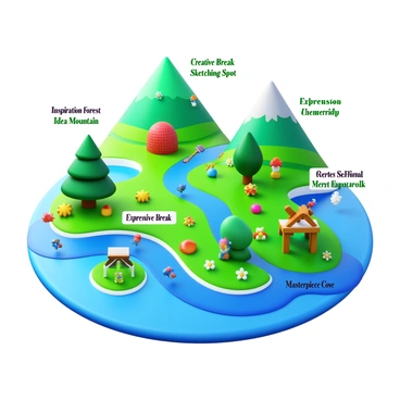 A whimsical map featuring different stages of creativity. The map includes labeled locations like "Inspiration Forest," "Idea Mountain," and "Expression Valley." Each area contains unique visuals, such as colorful trees, vibrant flowers, and playful creatures. Paths connect these locations, winding through the landscape, with markers indicating key milestones in the artist's journey. "Creative Break," "Sketching Spot," and "Masterpiece Cove" are highlighted along the routes, showcasing tools like paintbrushes, easels, and palettes. The overall design is colorful and engaging, inviting exploration.
