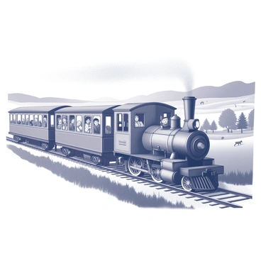 An old-fashioned steam train moves along the tracks through a lush countryside landscape. The train features vintage carriages with detailed woodwork and large windows. Passengers are visible inside, some smiling and looking out of the windows, while others are engaged in conversation. The background showcases rolling hills and fields, dotted with trees and grazing animals, under a clear sky. Smoke billows from the train’s chimney, adding to the nostalgic atmosphere of the scene.