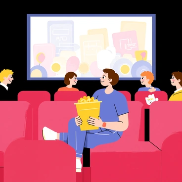 A cozy cinema filled with warm lighting and soft red velvet seats. In the foreground, a patron with short brown hair is sitting comfortably, holding a large bucket of yellow popcorn in their lap. The patron is wearing a casual blue t-shirt and jeans, looking engaged with a film playing on the large screen in front of them. The background features other patrons seated in the darkened cinema, some whispering and others laughing. The screen displays colorful movie graphics, casting a soft glow over the audience, creating an inviting atmosphere.