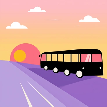 A bus is silhouetted against a vibrant sunrise, with hues of orange, pink, and purple filling the sky. The open highway stretches out in the foreground, leading towards the horizon. The bus has a prominent shape with large windows and bold lines, standing out against the colorful backdrop. The sun rises just above the horizon, casting a warm glow that highlights the edges of the bus. Soft clouds are scattered across the sky, adding depth to the scene.