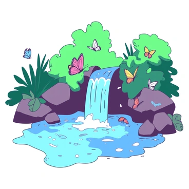A small waterfall is cascading down into a tranquil pool with clear, shimmering water. The pool is surrounded by lush green foliage, creating a vibrant backdrop. Numerous butterflies with colorful wings are fluttering around the waterfall, some hovering over the water, while others land gently on the rocks nearby. The scene is filled with the refreshing sound of water and the soft movement of the butterflies in the gentle breeze.