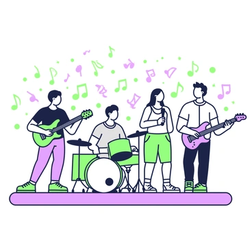 A band with realistic musicians playing, while illustrated music notes swirl around them