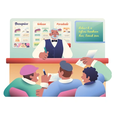 An old-fashioned bookmaker with gray hair and a neatly trimmed beard is standing behind a polished wooden counter. He is wearing a classic black waistcoat and a white shirt with a bow tie. In front of him, several enthusiastic customers are leaning on the counter, eagerly discussing their bets. The customers include a man in a flat cap and a woman with curly hair, both animatedly pointing at a sheet filled with betting odds. The background features vintage posters of horse races and a chalkboard displaying the latest odds. The atmosphere is filled with excitement as the bookmaker writes down the bets on a piece of paper using a fountain pen.