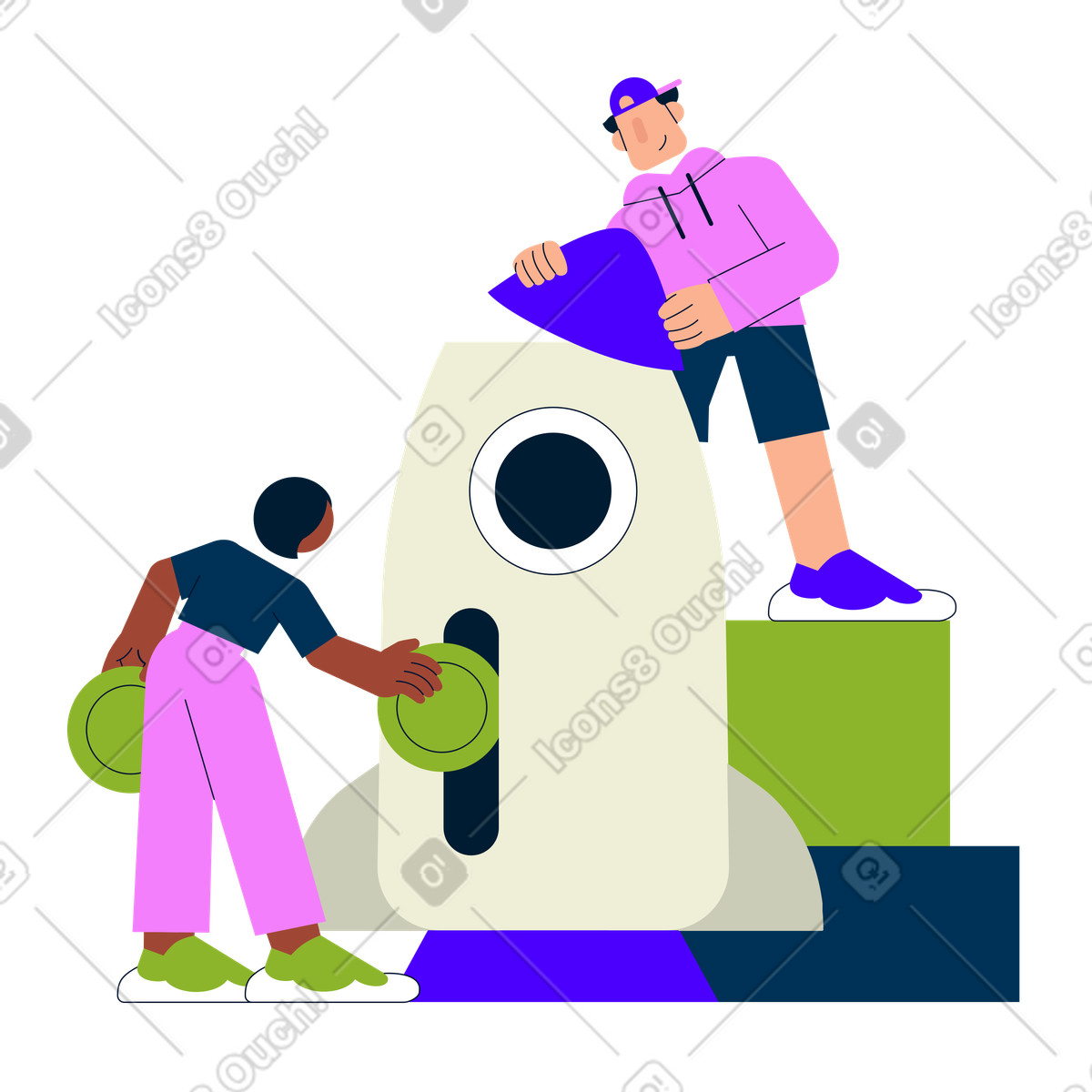 Ilustración Mujer y hombre creando una startup en estilo Cubes a descargar en PNG SVG