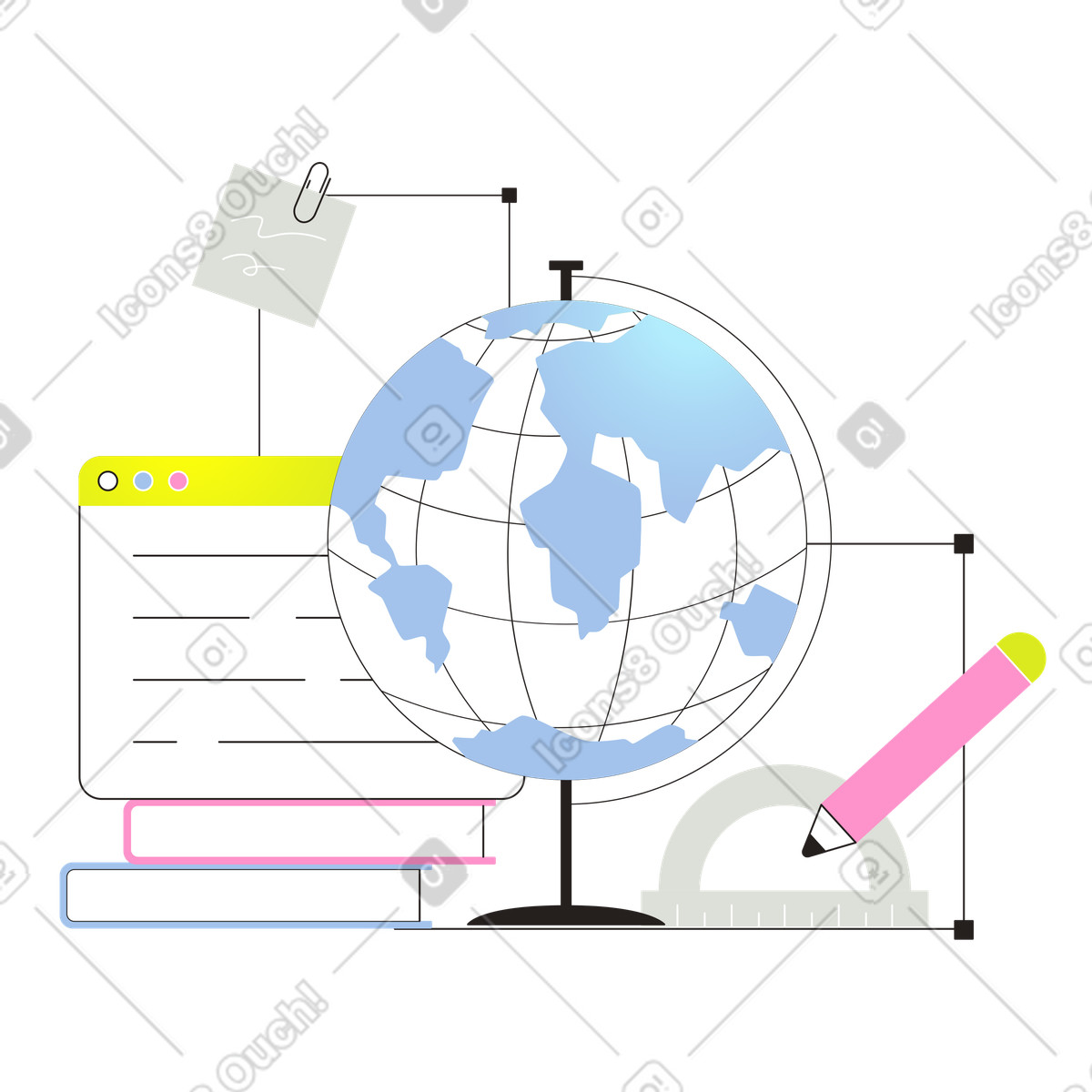 Globe and stationery representing education illustration in Like style download in PNG, SVG