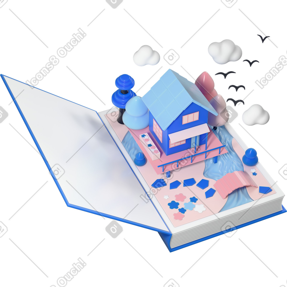 Colorful book with pop up house and landscape, Immersive fairy tale world illustrazione animata in stile 3D Editorial scaricabile in GIF, Lottie (JSON), AE