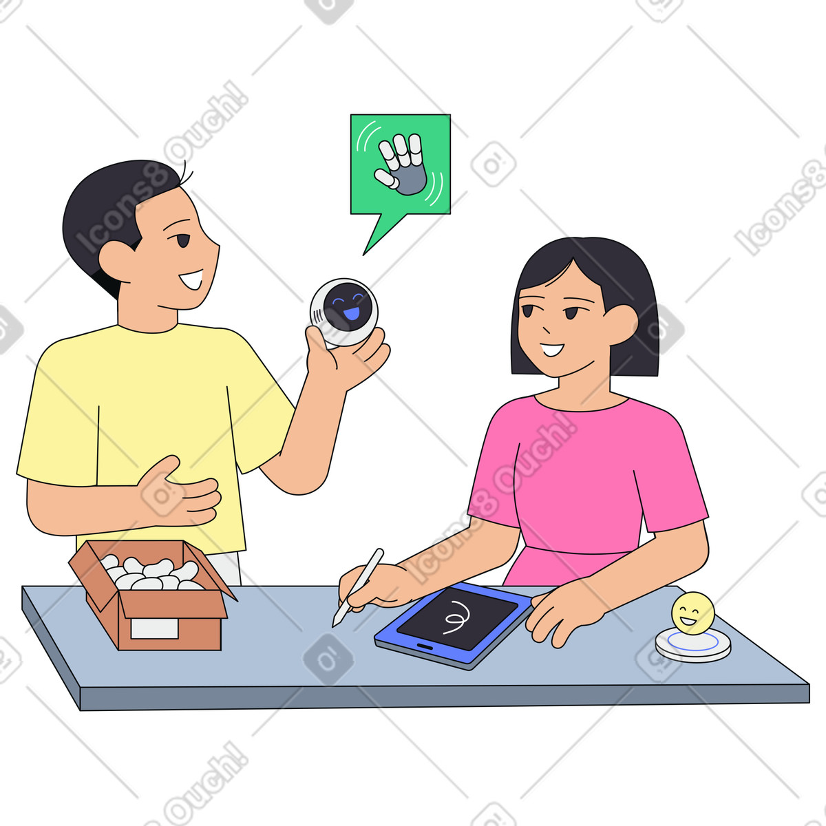 Illustration Présentation d'un compagnon de poche ia à l'utilisateur, test utilisateur appareil portable, interaction homme-robot avec un assistant personnel dans le style Teko télécharger aux formats PNG, SVG