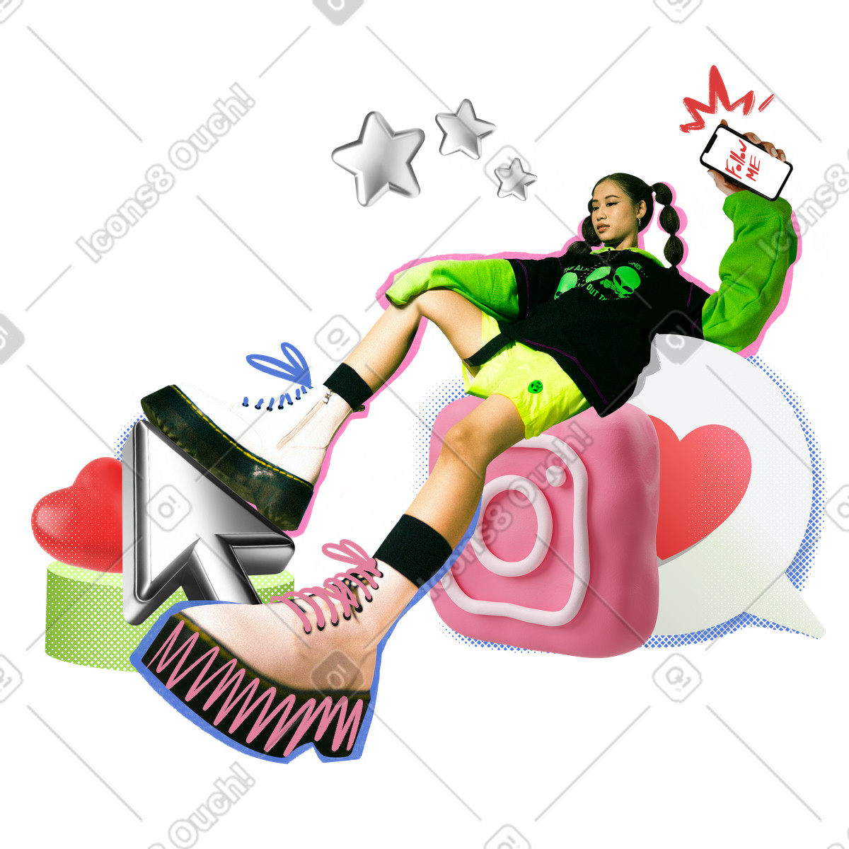 Illustration Femme utilisant les médias sociaux au téléphone dans le style Energy à télécharger aux formats PNG, SVG
