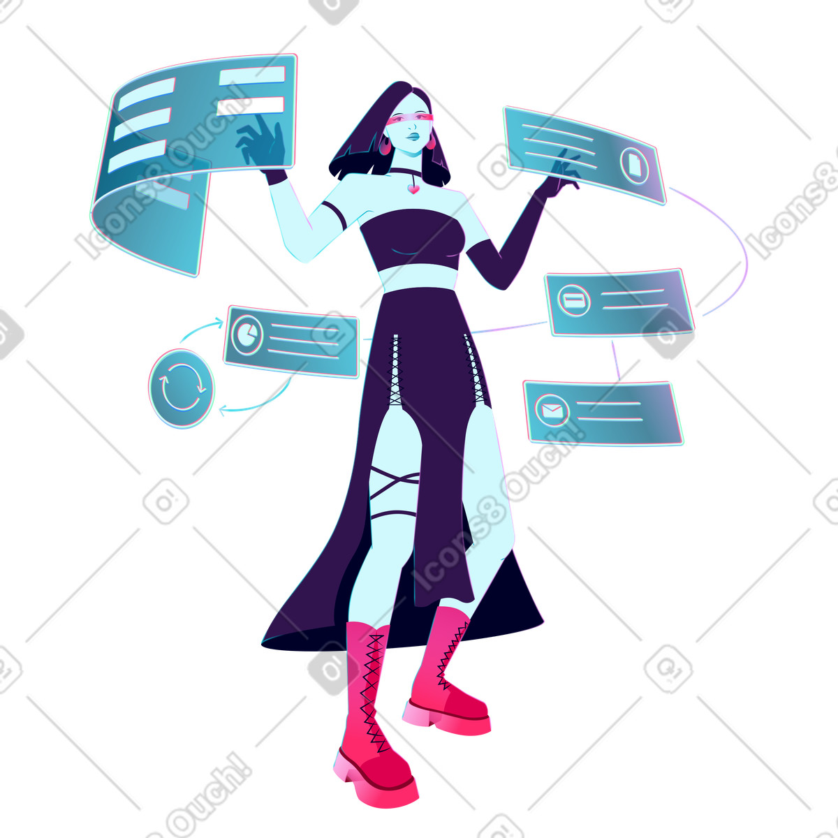 Efficient workflow optimization using roadmap and kanban, project management productivity illustration in Neon style download in PNG, SVG