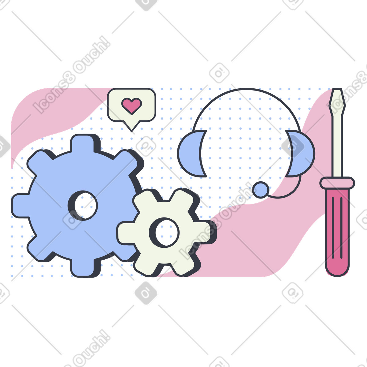 Gears with headset and screwdriver, Technical support and online maintenance illustration in Abstract style download in PNG, SVG