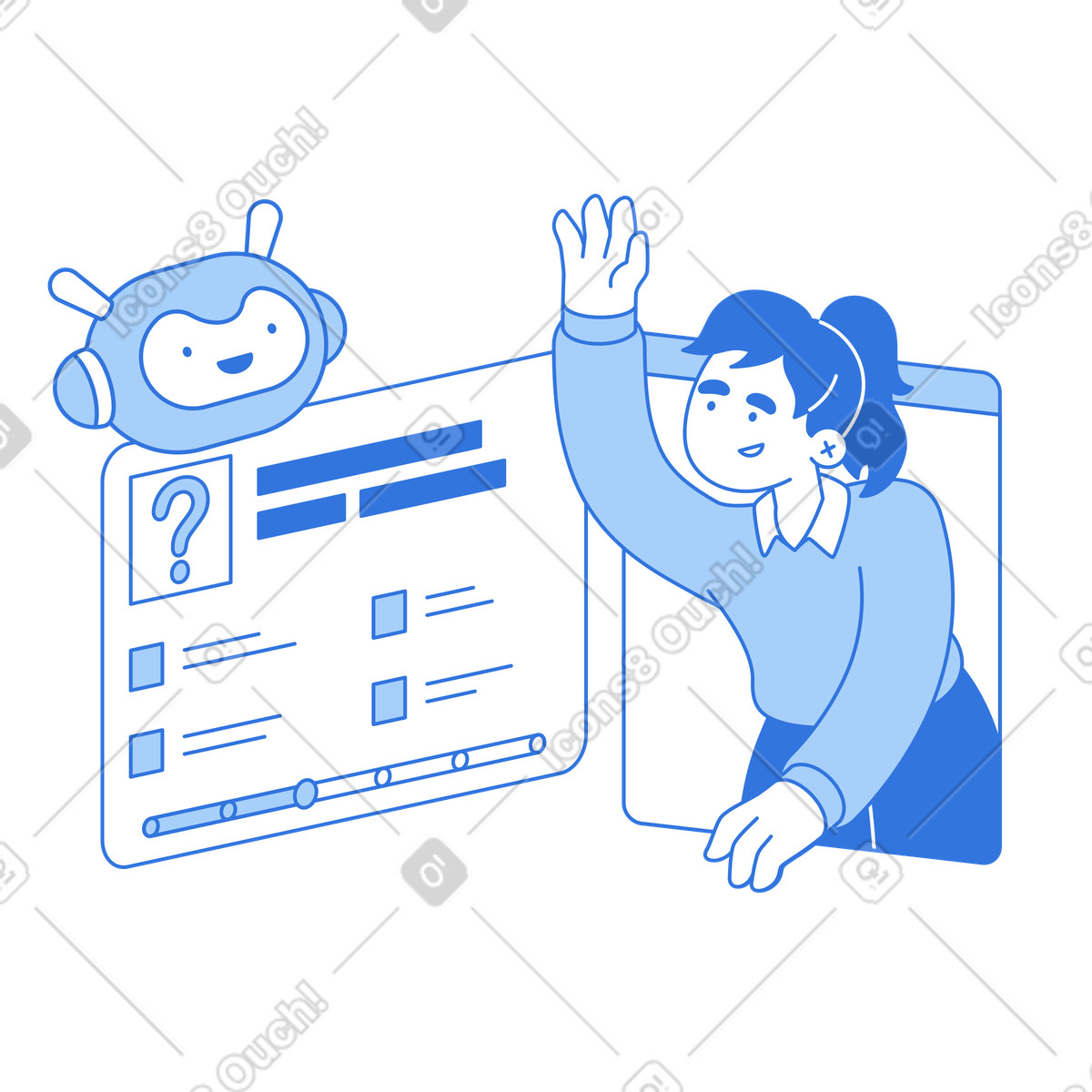 Student answering quiz generated by artificial intelligence, E-learning or remote examination illustration in Sky style download in PNG, SVG