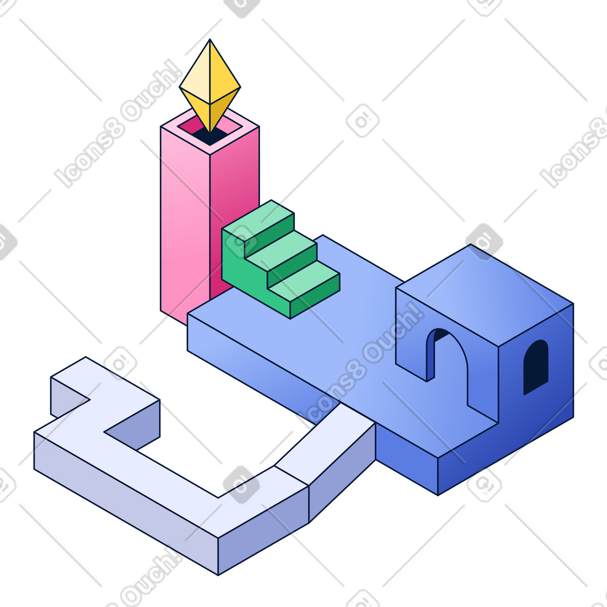 Walkway leading to crystal on tower top, gamification and goal setting illustration in Neat style download in PNG, SVG