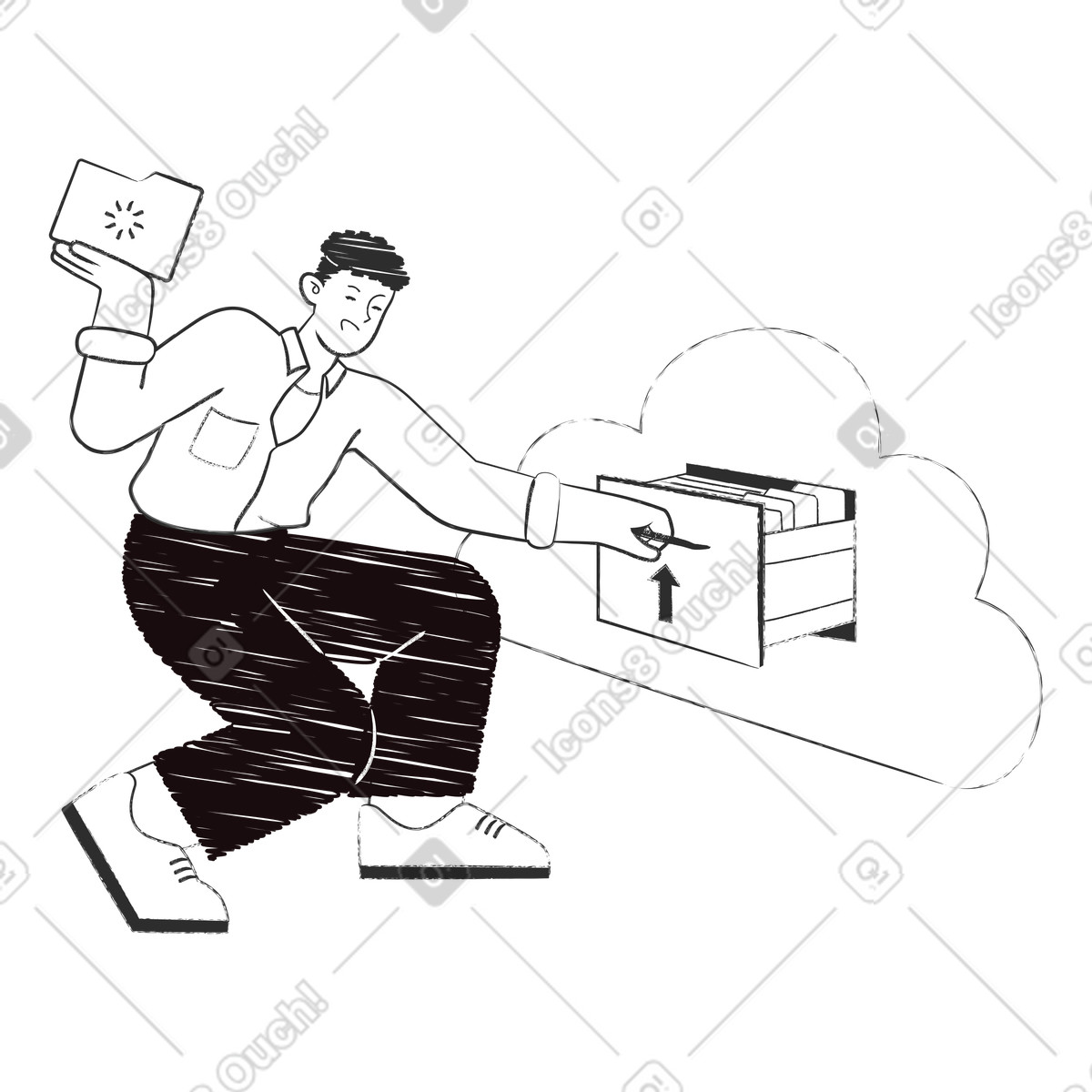 File management in the digital cloud, Online storage and backup illustration Graphite style download PNG, SVG