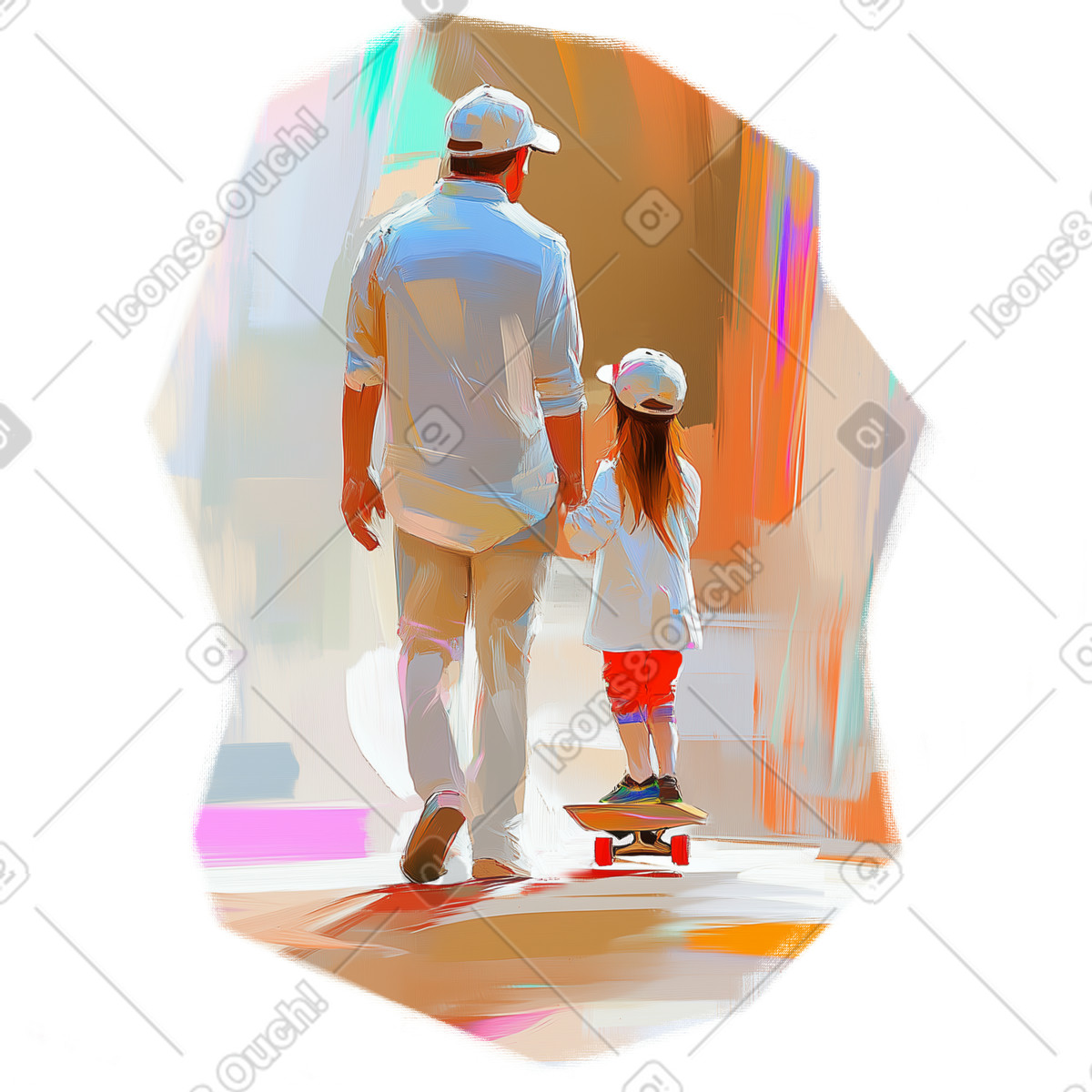 Dipinto ad olio raffigurante un padre che insegna alla figlia a fare skateboard illustrazione in stile Pictorial scarica in PNG, SVG