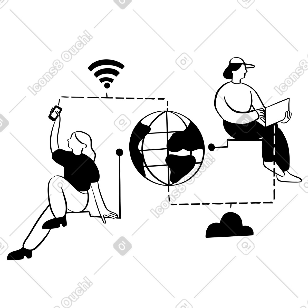Donna che usa il wi-fi e uomo cloud illustrazione in stile Journal scarica in PNG, SVG
