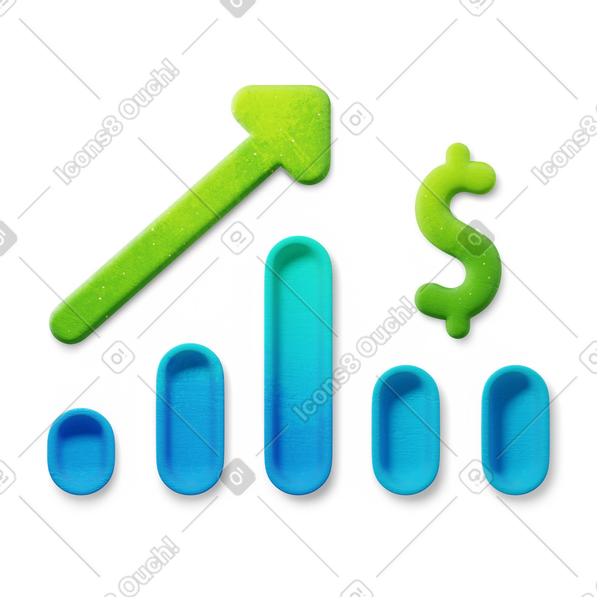 Illustration Investment performance bar chart with upward arrow and dollar dans le style 3D Microsoft Fluent à télécharger aux formats PNG, SVG