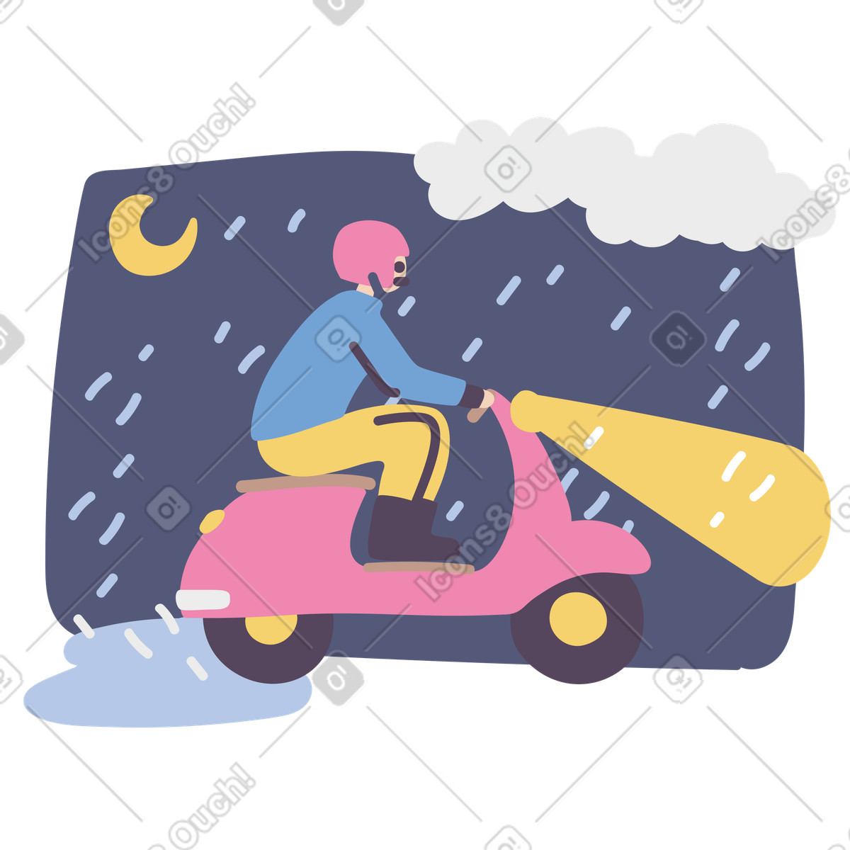 Man riding a moped in the rain illustration Pluto style download PNG, SVG