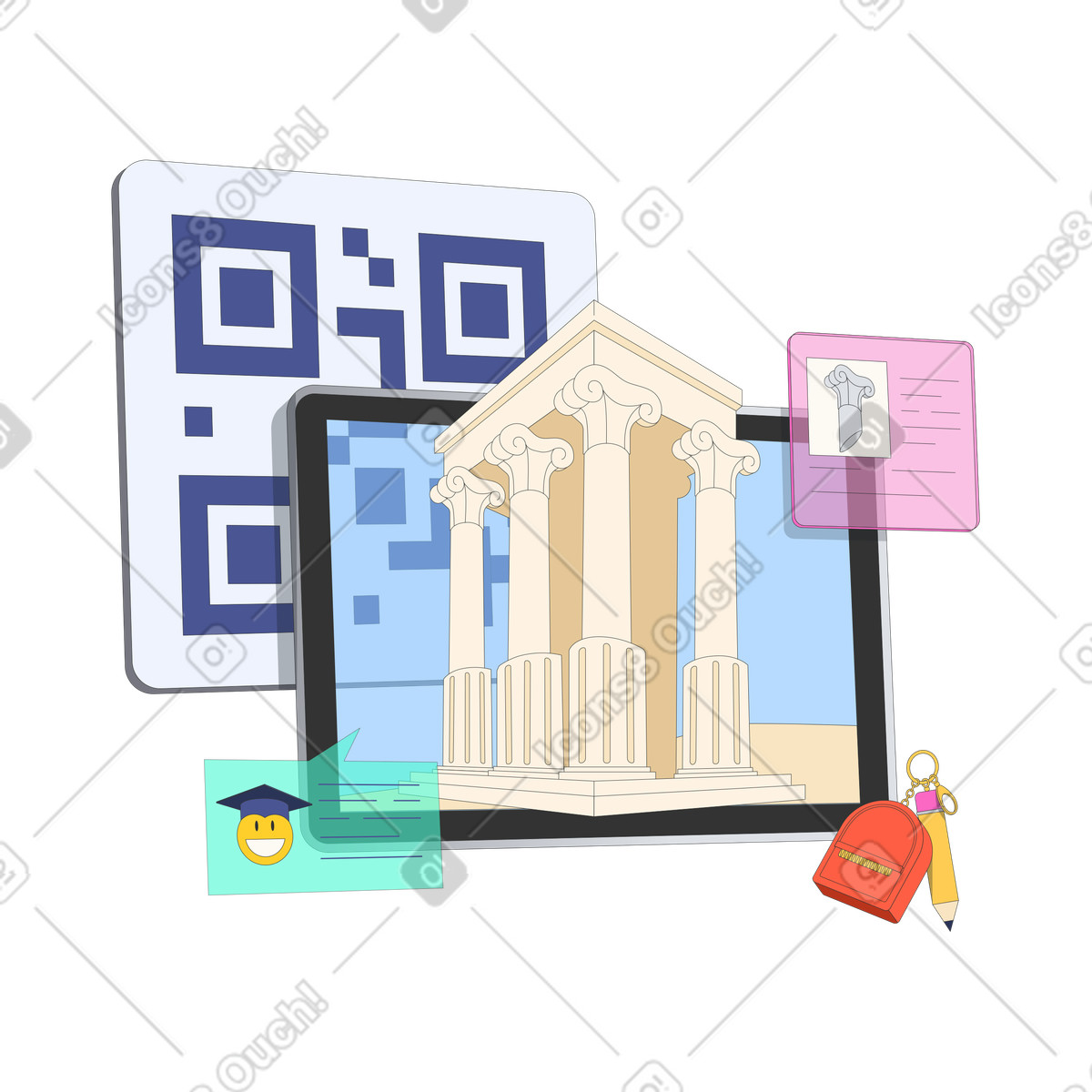 Tablet with classical architecture and QR code, Modern education and online learning illustration in PNG, SVG