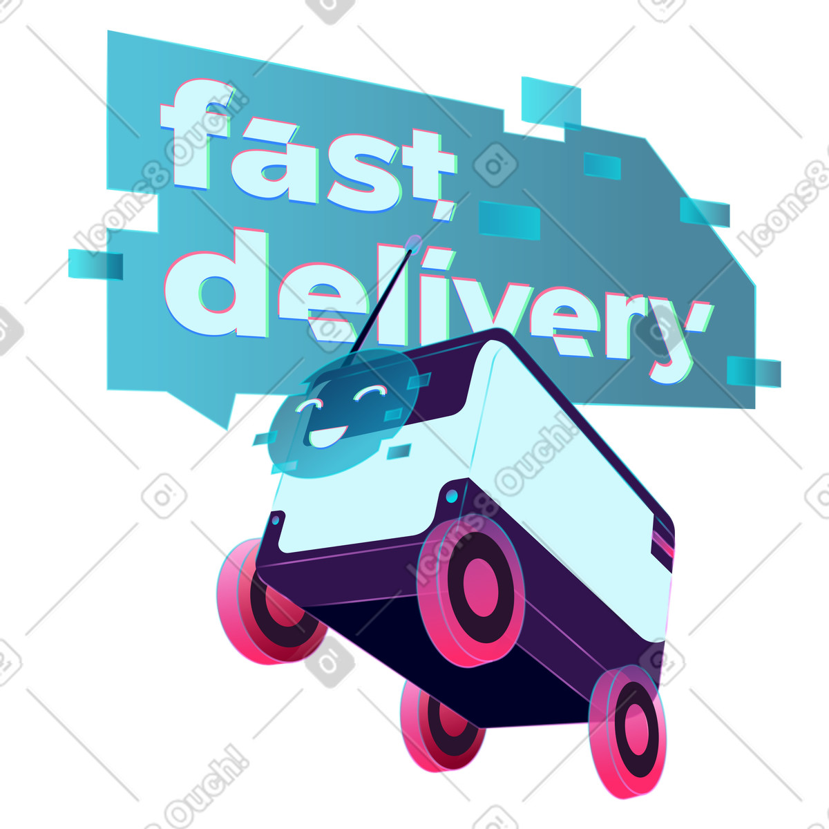 Illustration Smiling delivery robot with fast lettering, Express shipping and modern contactless dans le style Neon à télécharger aux formats PNG, SVG
