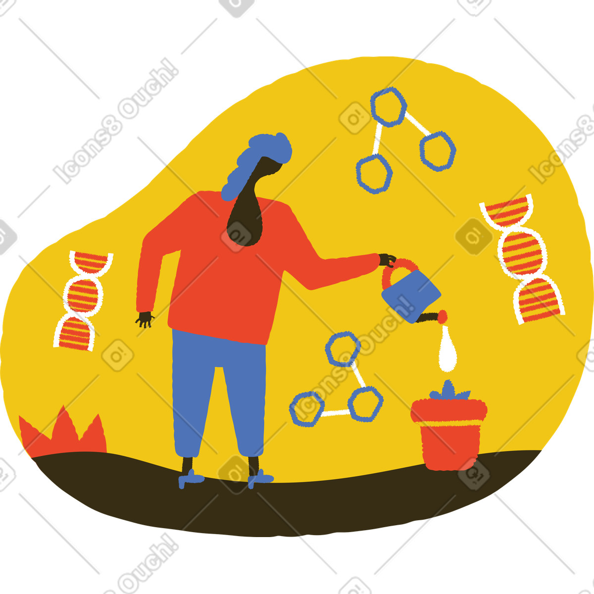 Ilustração de Scientist watering plant with DNA and molecule icons, Genetic engineering biotechnology em no estilo Bermuda para baixar em PNG, SVG