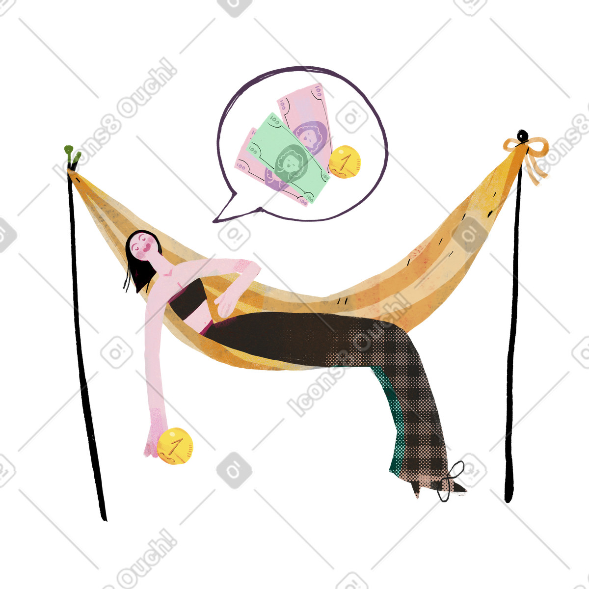 Junge frau, die über geld schläft und träumt-Illustration im Fabulous-Stil als Download in PNG, SVG