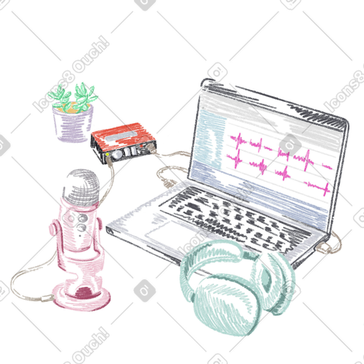 Recording a podcast on laptop animated illustration in Sketchbook style download in GIF, Lottie (JSON), AE