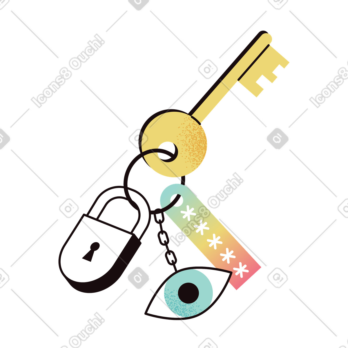 Key ring linking padlock and password, digital security safe login illustration in Delight style download in PNG, SVG