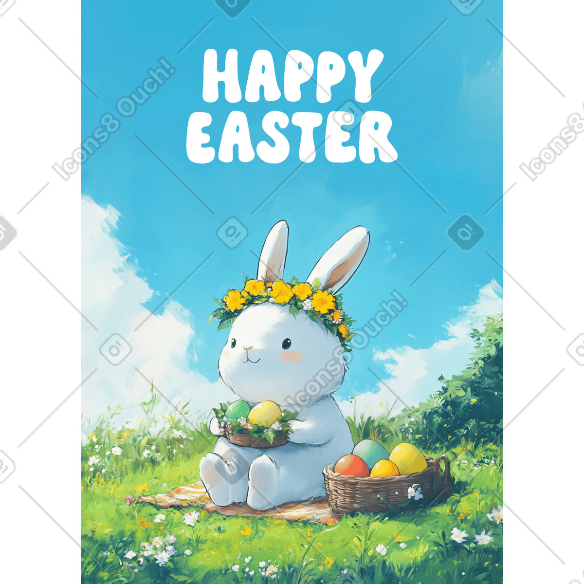 Happy Easter postcard with cute bunny holding eggs illustration in Postcards style download in PNG, SVG