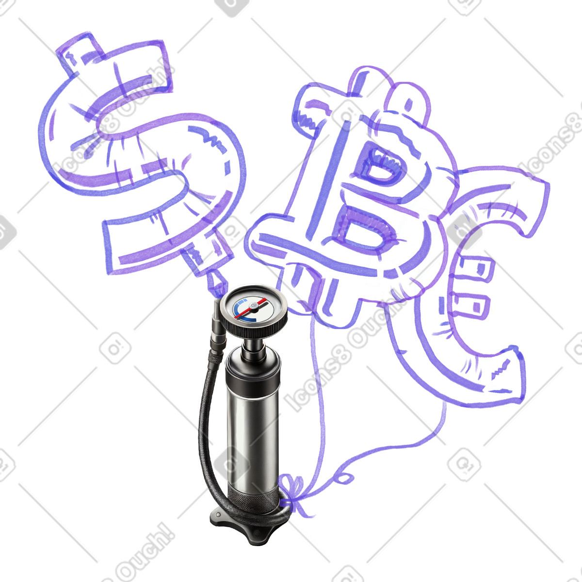 Ilustración Bomba de aire que infla globos dólares, bitcoins y euros en estilo Marker a descargar en PNG SVG