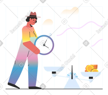 Fair pay with man placing his time on scale PNG, SVG