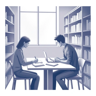 Two friends are seated at a wooden table in a quiet library. They are surrounded by tall bookshelves filled with numerous books. One friend is leaning over a textbook, taking notes with a pen, while the other is engaged in reading a book, looking thoughtful. Sunlight filters through a nearby window, casting gentle shadows on the table. The atmosphere is focused, with both individuals deeply absorbed in their study. A few scattered notebooks and a laptop are placed on the table, contributing to the scholarly ambiance.