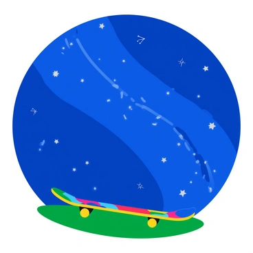 A deep blue night sky filled with twinkling stars and various constellations. The Milky Way stretches across the sky, a bright band of light dotted with stars. Below the sky, a long skateboard rests on a grassy surface, showcasing its vibrant design. The skateboard's surface features colorful graphics, complementing the starry backdrop. The scene is serene and inviting, with the skateboard positioned to capture the beautiful view above.