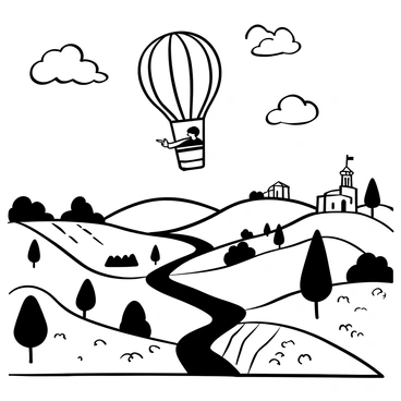 A hot air balloon with a large striped envelope is floating above a vast, picturesque landscape. Two figures are inside the basket of the balloon, one is pointing towards the horizon, while the other is holding onto the edge of the basket. Below, there are rolling hills dotted with trees and a winding river that cuts through the scene. There are patches of farmland with distinct lines separating different crops, and a small village can be seen in the distance, with a few scattered houses and a church steeple. The sky is vast and filled with fluffy clouds.