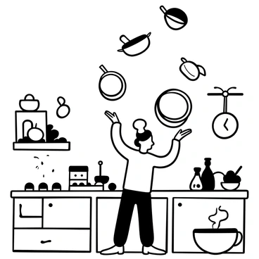 A chef wearing a traditional white coat and hat stands in a chaotic kitchen. The chef is balancing several pots and pans in the air, showcasing impressive juggling skills. The kitchen counters are cluttered with ingredients, including vegetables and spices. Steam rises from a stove with multiple burners, and utensils are scattered around. A large clock on the wall shows that time is running out, adding to the sense of urgency in the scene. Pots and pans dangle from hooks above, and a mixing bowl sits on the counter, partially filled with batter.