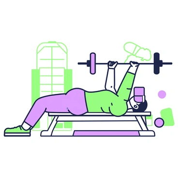 A person is lying on a bench performing a bench press exercise. They are wearing virtual reality glasses that cover their eyes. The individual has a focused expression as they grip a barbell above their chest. The barbell has weights on each side, and there is a gym mat beneath them. In the background, there are exercise equipment items, such as dumbbells and a weight rack. The setting appears to be a gym environment.