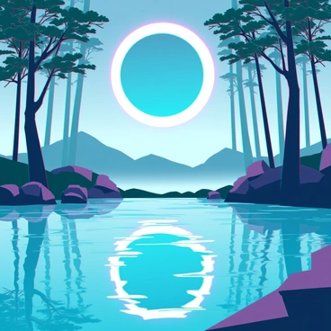 A solar eclipse occurring in the sky, with the moon partially covering the sun. The sunlight creates a halo effect around the sun, casting a unique shadow. Below, a tranquil lake reflects the scene above, showing ripples in the water that distort the reflection slightly. Surrounding the lake are tall, lush trees with green leaves, their branches extending towards the sky, creating a natural frame for the scene. The atmosphere is calm and the overall view captures the beauty of the celestial event and its reflection in the water.