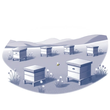 A rural bee farm is situated on expansive green fields. Several wooden beehives are strategically placed throughout the area, some standing individually while others are clustered together. The beehives exhibit a rustic design, featuring natural wood tones and traditional shapes. Surrounding the hives, wildflowers of various heights and shapes grow abundantly, adding texture to the landscape. In the distance, gentle rolling hills rise under a clear sky, enhancing the serene atmosphere of the scene. A few bees can be seen buzzing around the hives, indicating activity within the farm.