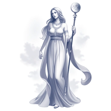 A goddess standing tall and regal. She has long, flowing hair that cascades down her shoulders. Around her neck is a majestic collier made of moonstones, glistening softly. Her attire is a flowing gown, intricately designed, with details that highlight her divine presence. She holds a staff in one hand, adorned with celestial symbols, while her other hand is gracefully raised, as if invoking the power of the moon. The background features ethereal clouds, enhancing her otherworldly aura.