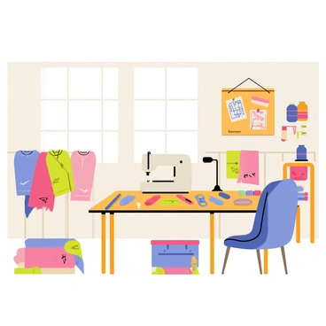 A fashion studio with large windows letting in bright light. The room is filled with vibrant fabrics of various colors draped over tables and hanging from shelves. A sleek, modern sewing machine sits prominently on a wooden worktable. Scissors, measuring tape, and spools of thread are scattered around the sewing machine, emphasizing the workspace. Colorful sketches of clothing designs are pinned to a corkboard on the wall, adding to the creative atmosphere. A comfortable chair is positioned nearby, inviting artists to sit and work on their designs.