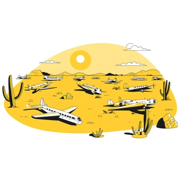 A vast desert landscape filled with numerous retired aircraft, some with faded paint and rusted metal. The sun shines brightly overhead, casting sharp shadows on the ground. The planes are scattered across the sandy terrain, with some lying on their sides and others standing upright. In the background, a clear blue sky meets the horizon, enhancing the starkness of the scene. Sparse desert vegetation peeks through the sand around the aircraft, adding to the atmosphere of abandonment.