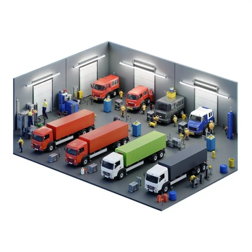 A large maintenance bay filled with multiple transport trucks in various colors, including red, blue, and green. Each truck is parked in designated areas, with some trucks lifted on hydraulic platforms for undercarriage inspections. Mechanic tools and equipment are scattered around, including wrenches, oil cans, and tire gauges. In the background, an overhead fluorescent light illuminates the space, creating a bright working environment. Technicians wearing safety gear, including helmets and coveralls, are actively checking the engines and performing routine maintenance tasks. The walls of the bay are lined with tools and spare parts, enhancing the industrious atmosphere.