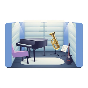 A soundproof music room features padded walls in soft shades of blue and gray. Inside, there are a variety of musical instruments, including a grand piano in polished black, a set of shiny brass trumpets, and a sleek electric guitar resting on a stand. The floor is covered with dark hardwood, and a plush area rug in the center adds warmth to the space. A comfortable chair is placed in one corner, and a music stand with sheet music can be seen beside it. Soft lighting illuminates the room, creating a cozy atmosphere.