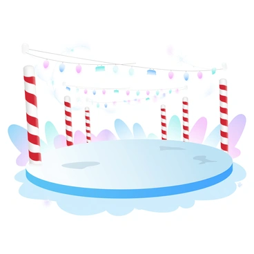 An ice skating rink with candy cane-striped poles and twinkling lights