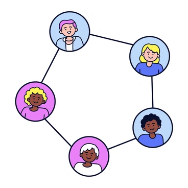 A series of interconnected circles with various colors, each containing a simple representation of a person. The individuals within the circles are depicted in minimalist cartoon style, showcasing different hairstyles and clothing to indicate diversity. The circles are linked by thin lines, symbolizing connection and support. Each person is smiling, conveying a sense of friendliness and community. The background is a subtle shade to enhance the focus on the circles and their connections.